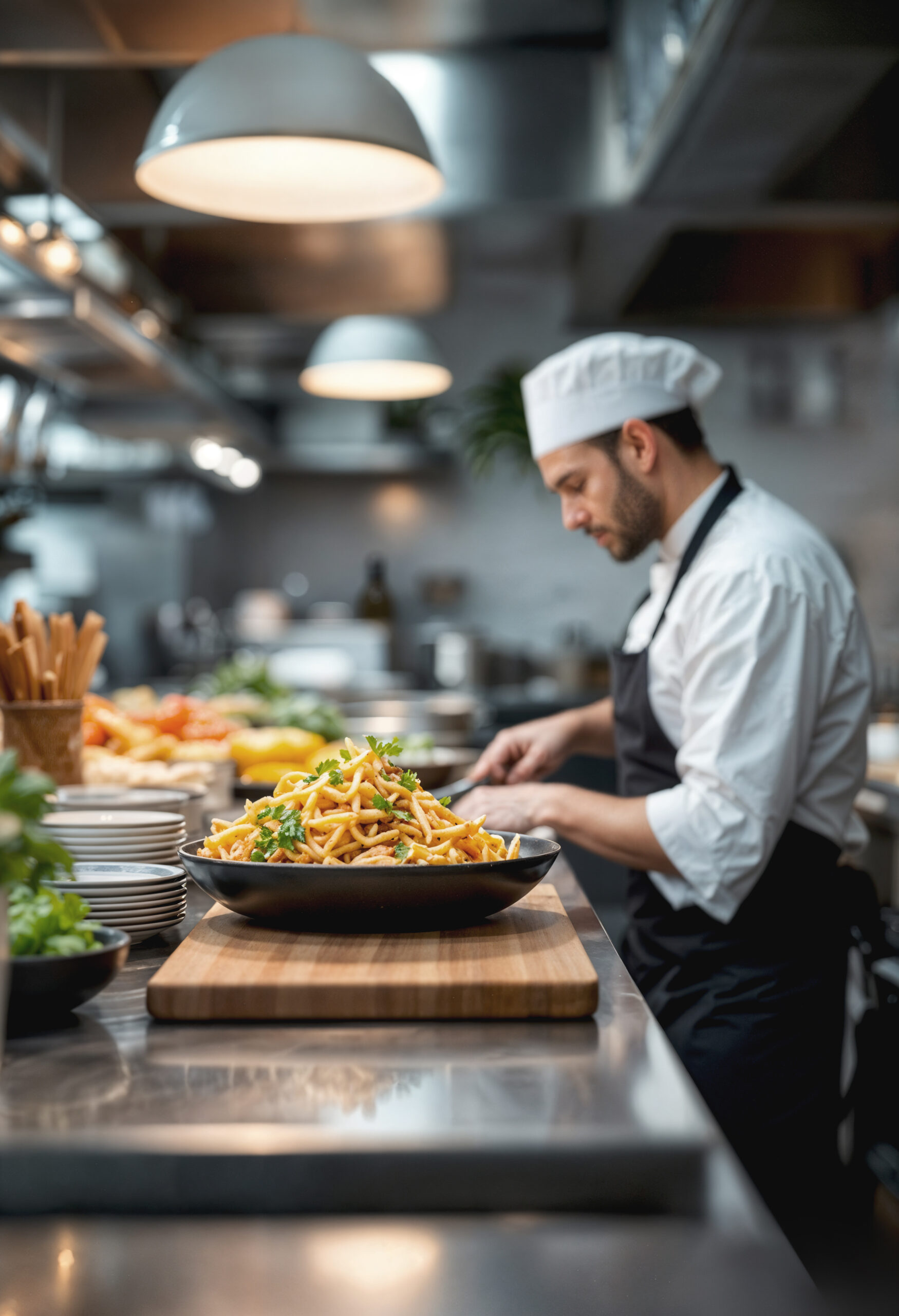 chef preparing pasta restaurant kitchen